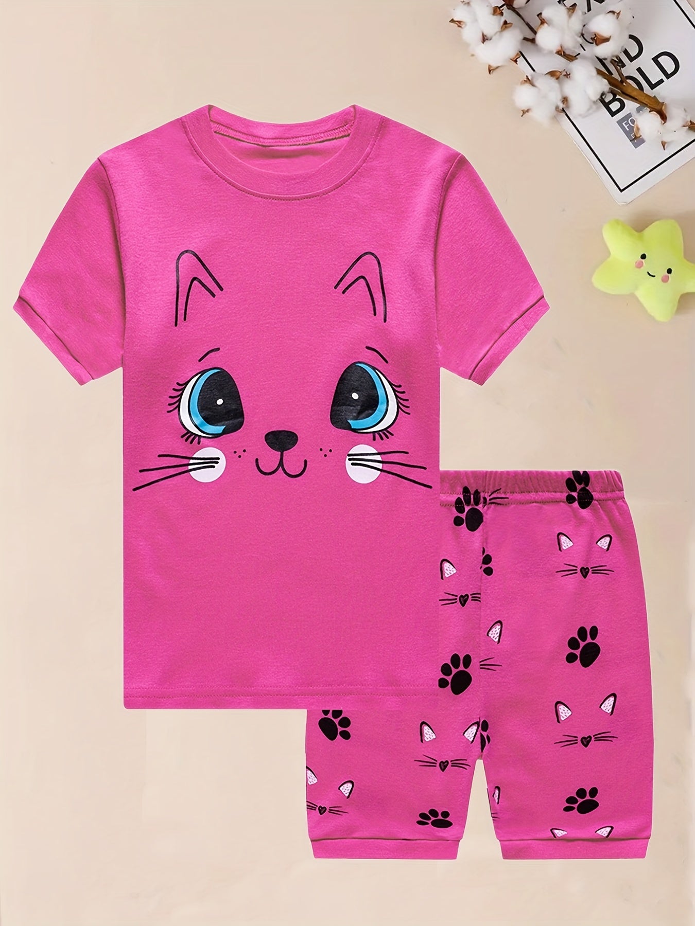 2pcs Toddler Girls Cat Graphic Pajamas Set