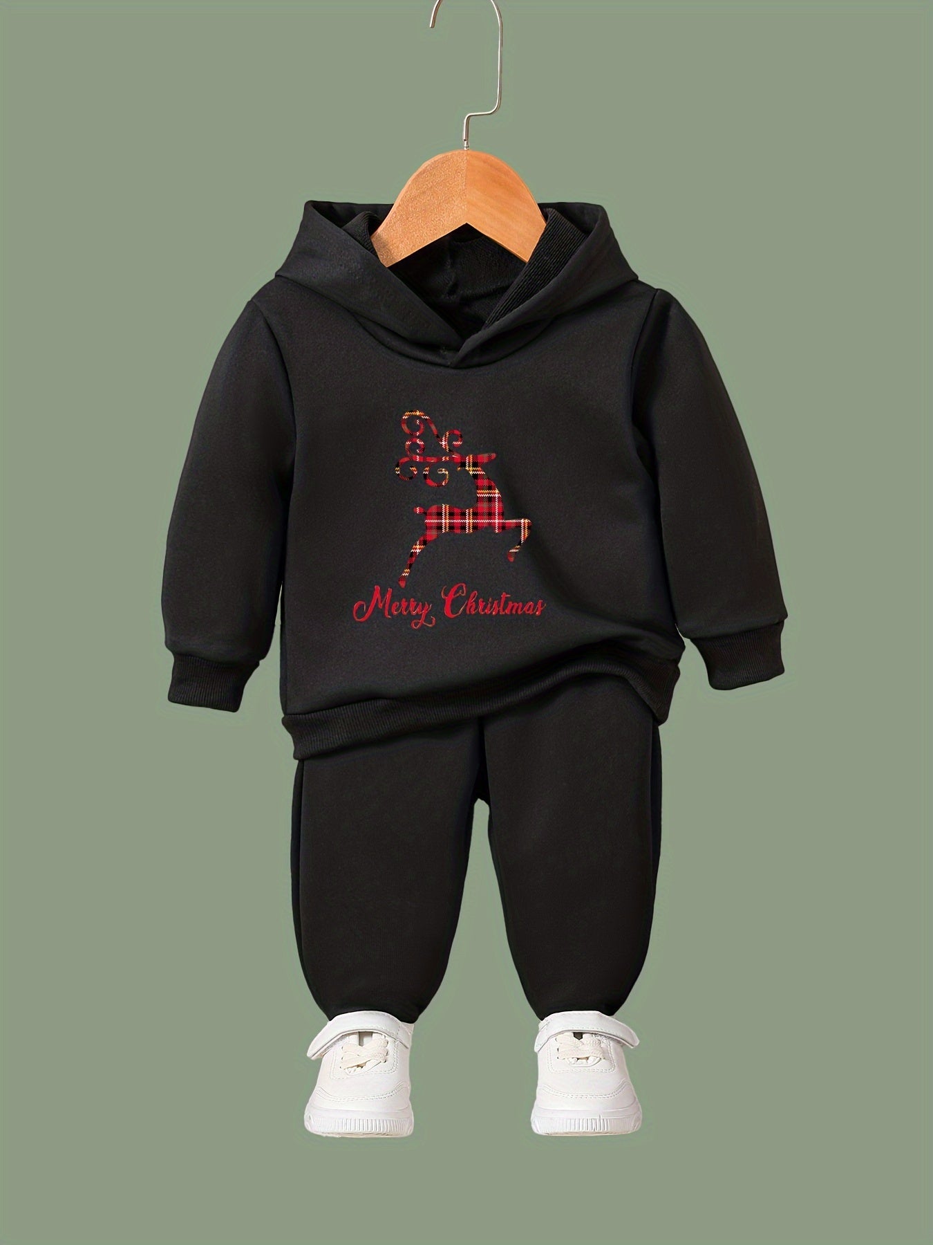 Girls Christmas Elk Hooded Sweatshirt & Sweatpants Set, Kids Clothes