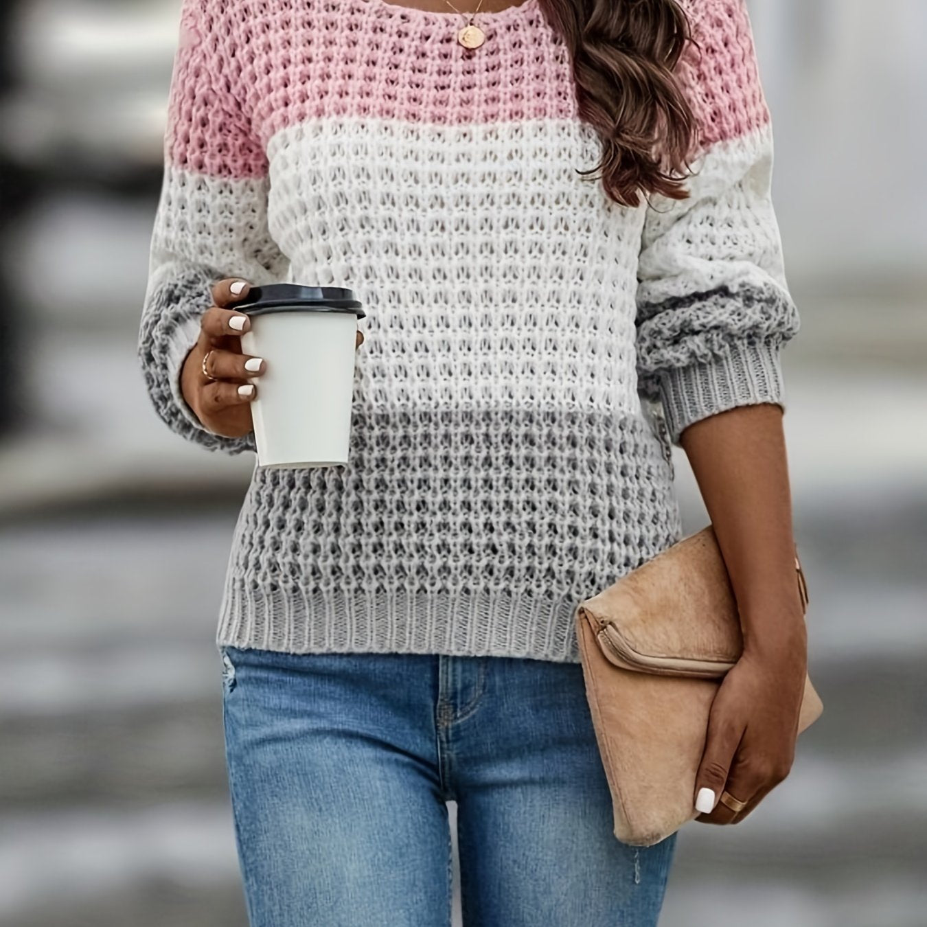Block Crew Neck Sweater Long Sleeve for Fall & Winter