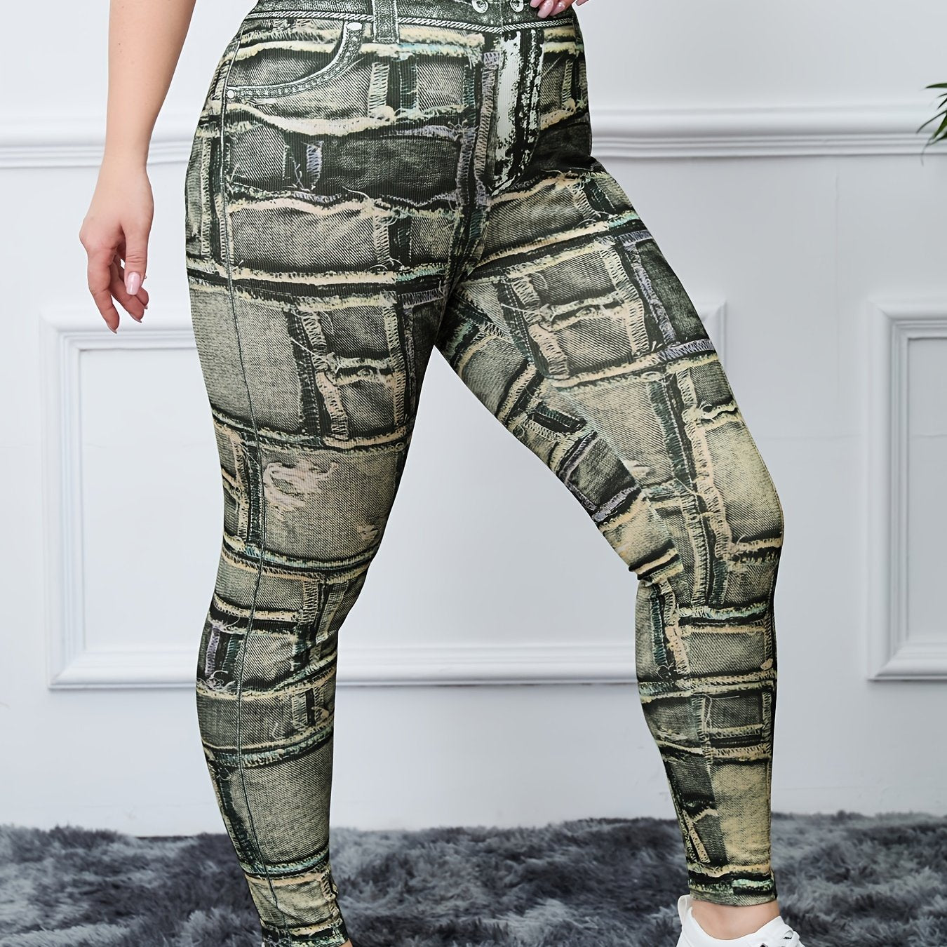 Graphic & Denim Print High Rise Skinny Leggings Women's Plus
