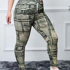Graphic & Denim Print High Rise Skinny Leggings Women's Plus