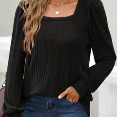 Solid Ribbed Long Sleeve Square Neck Knit Top