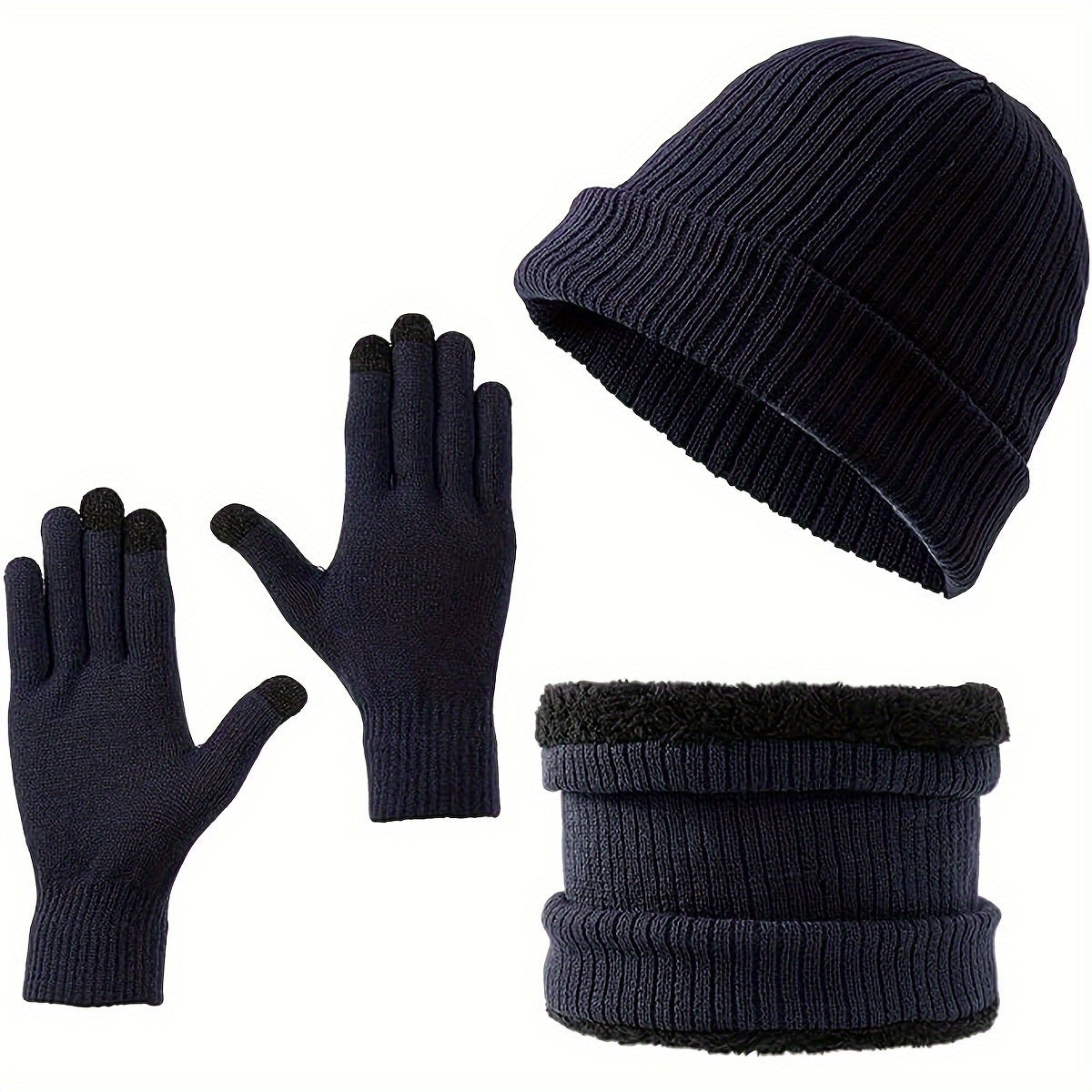 3 Piece Set Winter Scarf Gloves Hat Plus Velvet Knitted Warm Solid Breathable