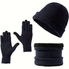 3 Piece Set Winter Scarf Gloves Hat Plus Velvet Knitted Warm Solid Breathable