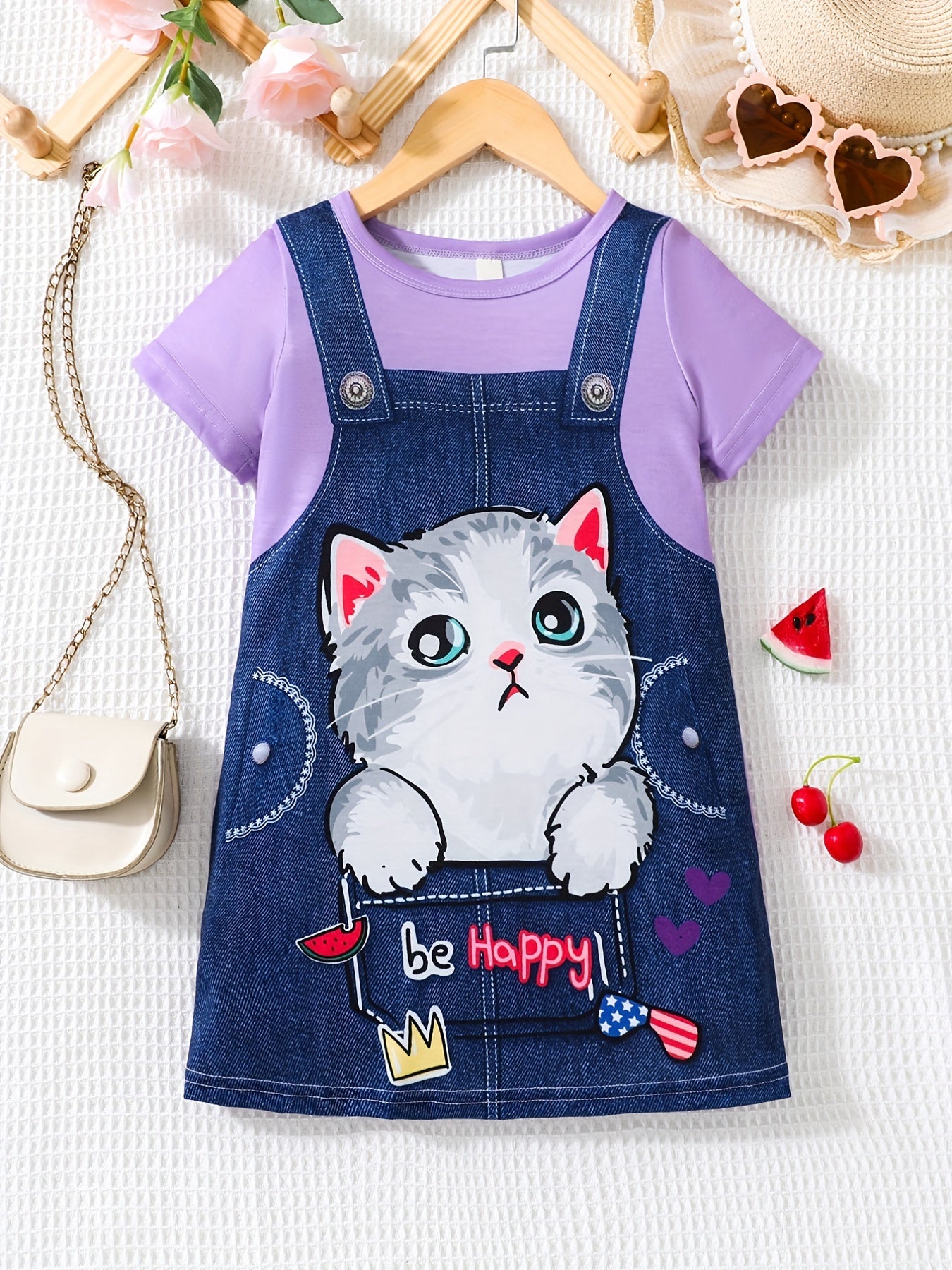 Girls' Kitty Overall Graphic Short Sleeve T Shirt Dress