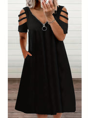 Solid Zipper Cut Out V Neck Dress With Pockets