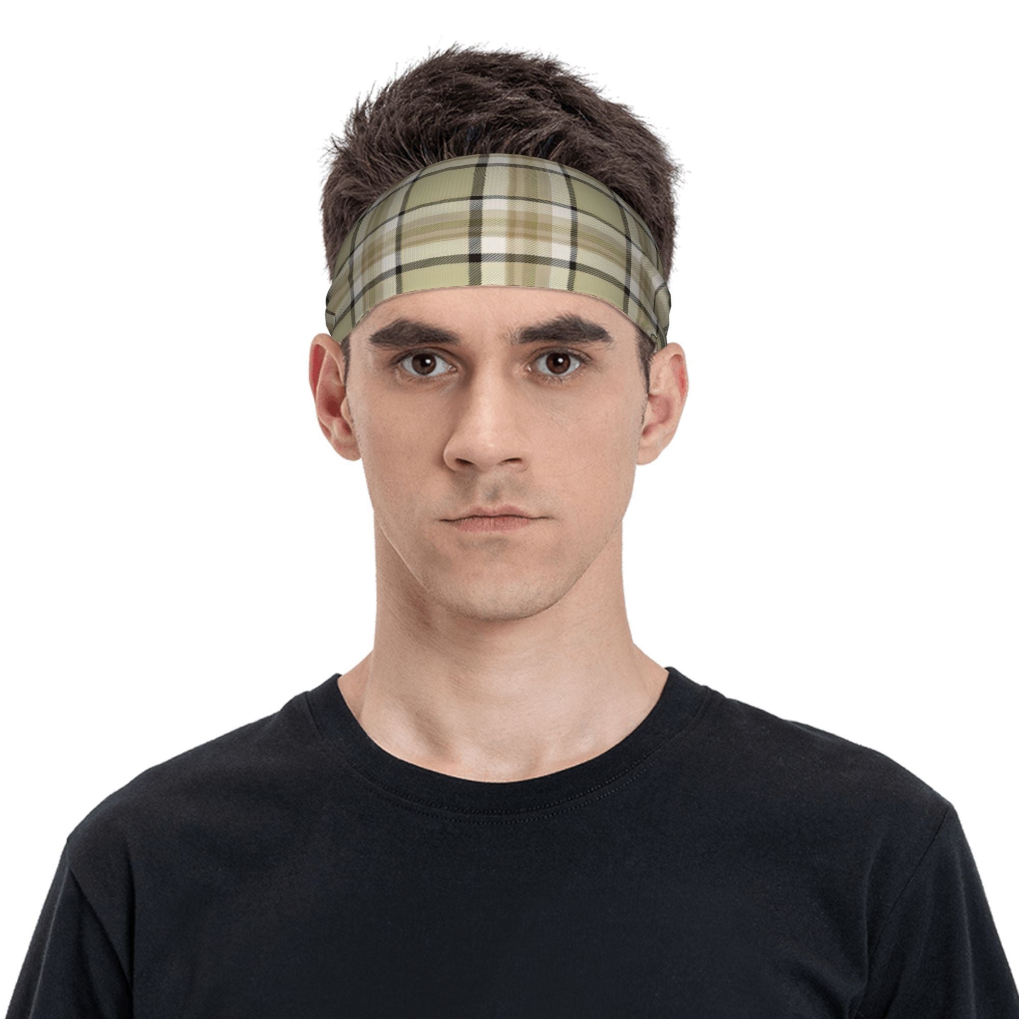 Vintage Plaid Headband Beige & Brown Checkered Pattern Elastic Fit