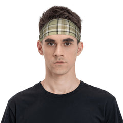 Vintage Plaid Headband Beige & Brown Checkered Pattern Elastic Fit