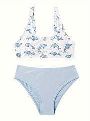 Girls Dolphin Graphic Top Solid Briefs Set for Hawaii Vacation