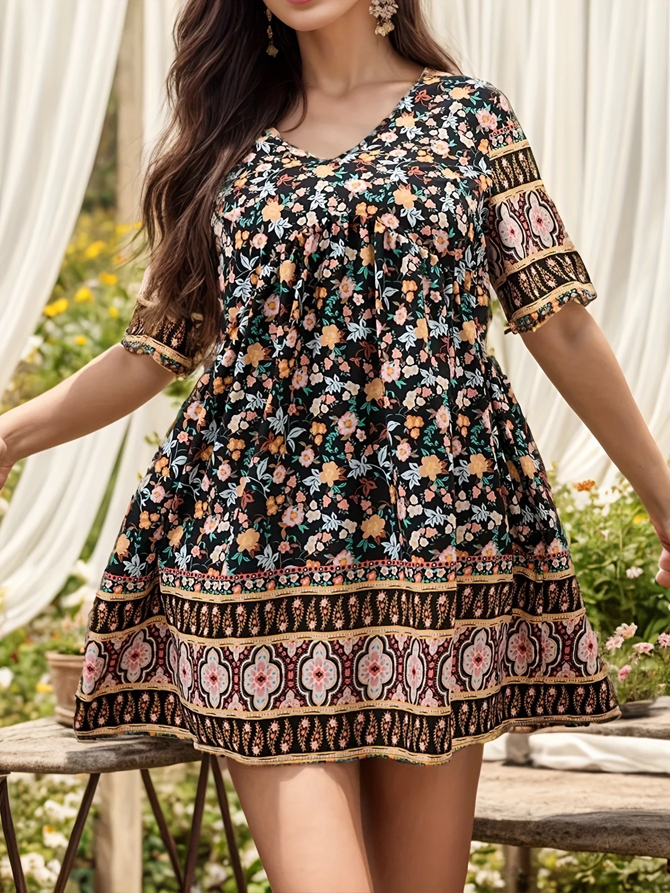 Boho Dress Women's Plus Ditsy Floral Print Short Sle...
