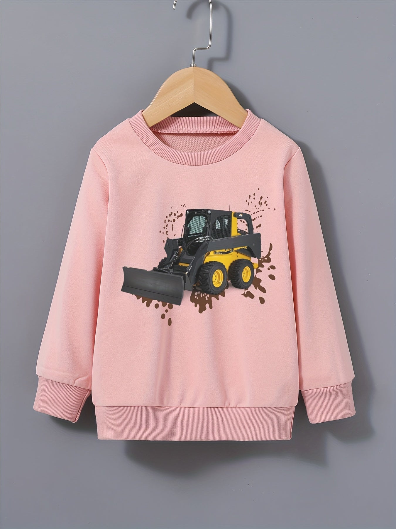 Excavator Mud Road Print Boys Sweatshirt Long Sleeve Crew Neck Tops