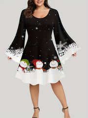 Plus Snowman Print Bell Sleeve Round Neck Dress