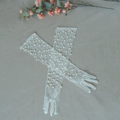 Faux Pearl Mesh Long Gloves for Women - Wedding & Party Accessory