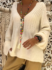 Women's Plus Size V-Neck Casual Sweater Knitted Long Sleeve Pullover Jumper