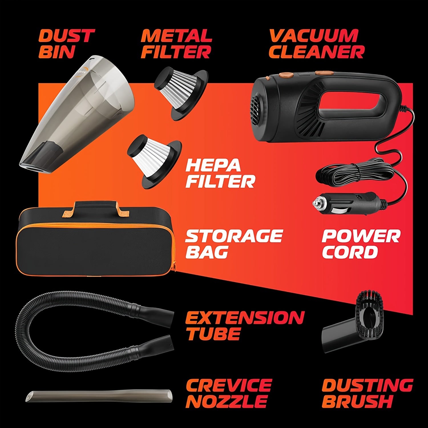 Portable Car Vacuum Cleaner Wet & Dry Cleaning 12V DC 16 Ft Cord & Bag