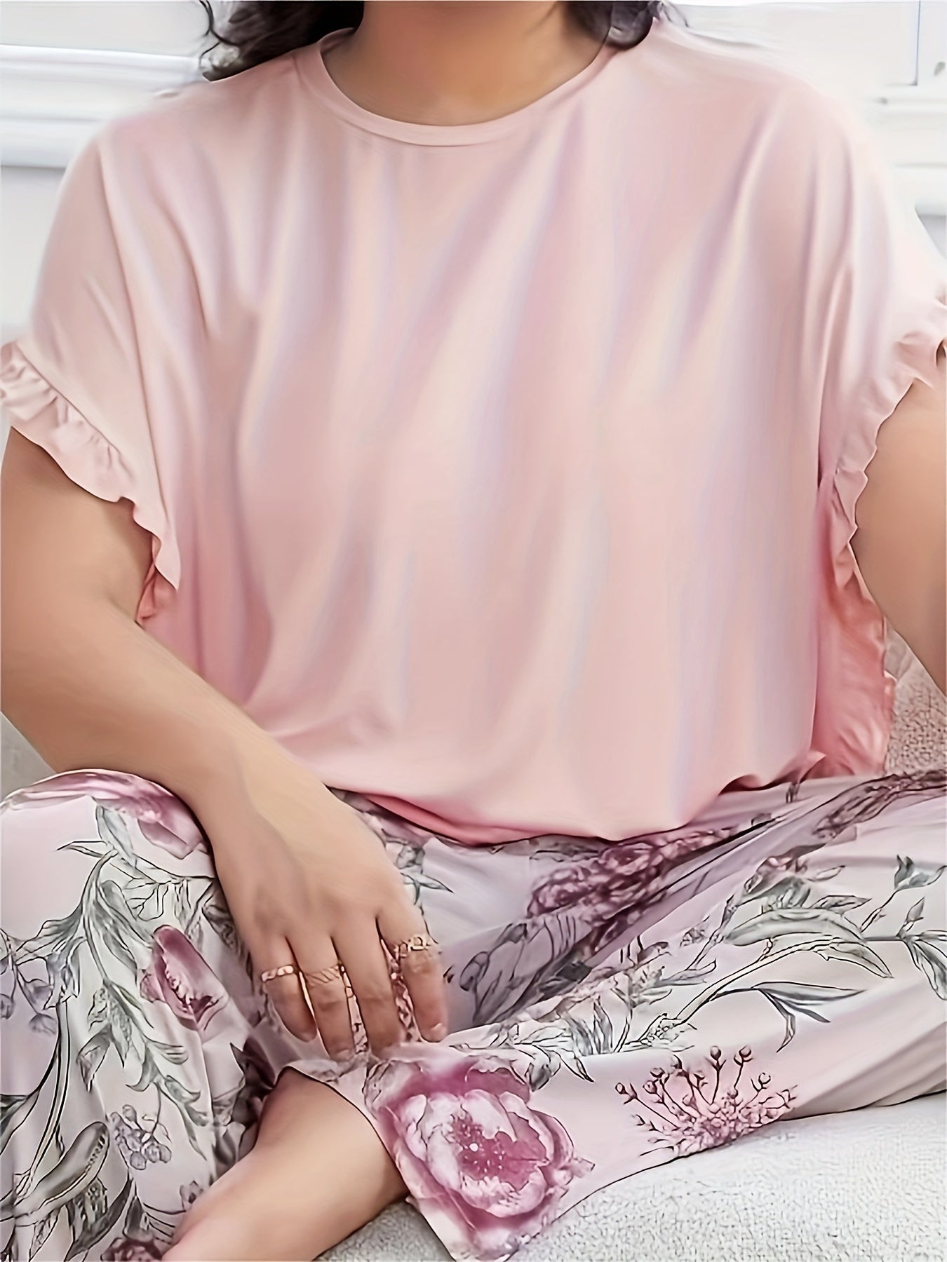 Pajama Set Short Sleeve Tee & Floral Print Pants Two Piece