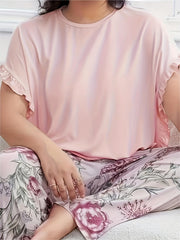 Pajama Set Short Sleeve Tee & Floral Print Pants Two Piece
