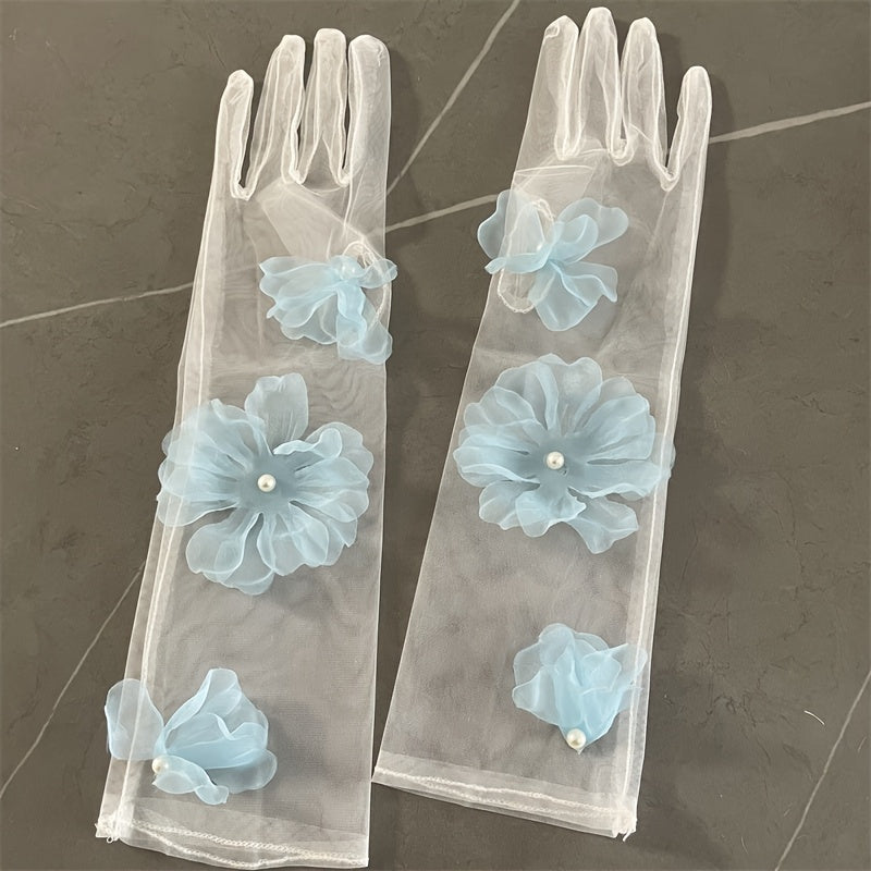 Transparent Floral Bridal Gloves with Pastel Flowers Wedding Party Formal Events