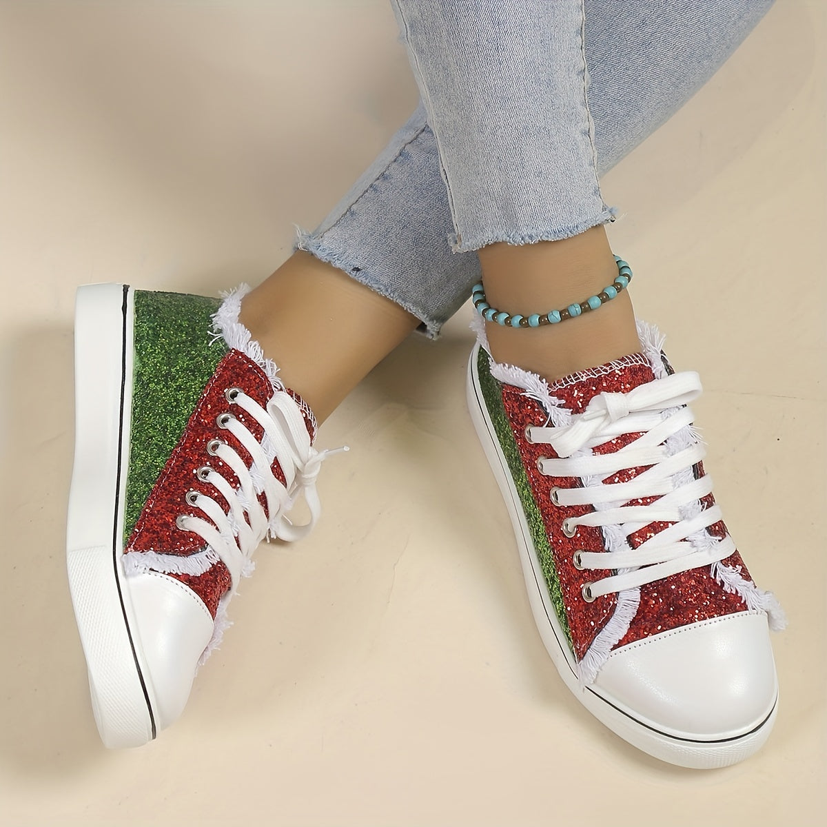 Women's Sequin Skate Shoes Lace Up Sport Shoes