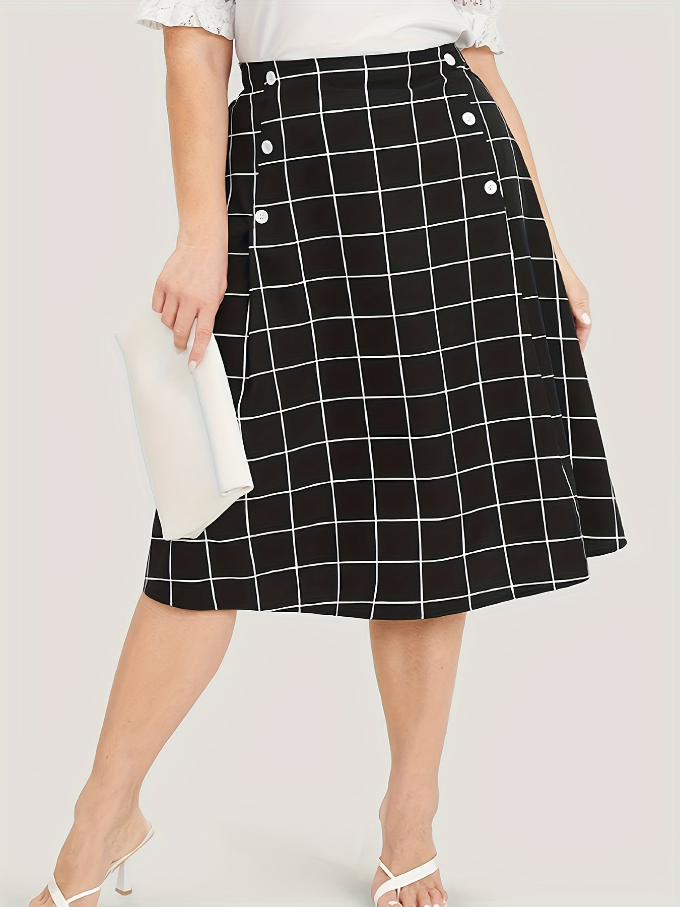 Gird Print Button High Rise Knee Length Skirt