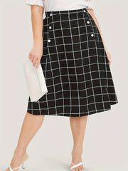 Gird Print Button High Rise Knee Length Skirt