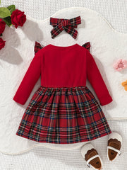 Christmas Baby Girl Plaid Ruffle Long Sleeve Dress With Bowknot & Headband