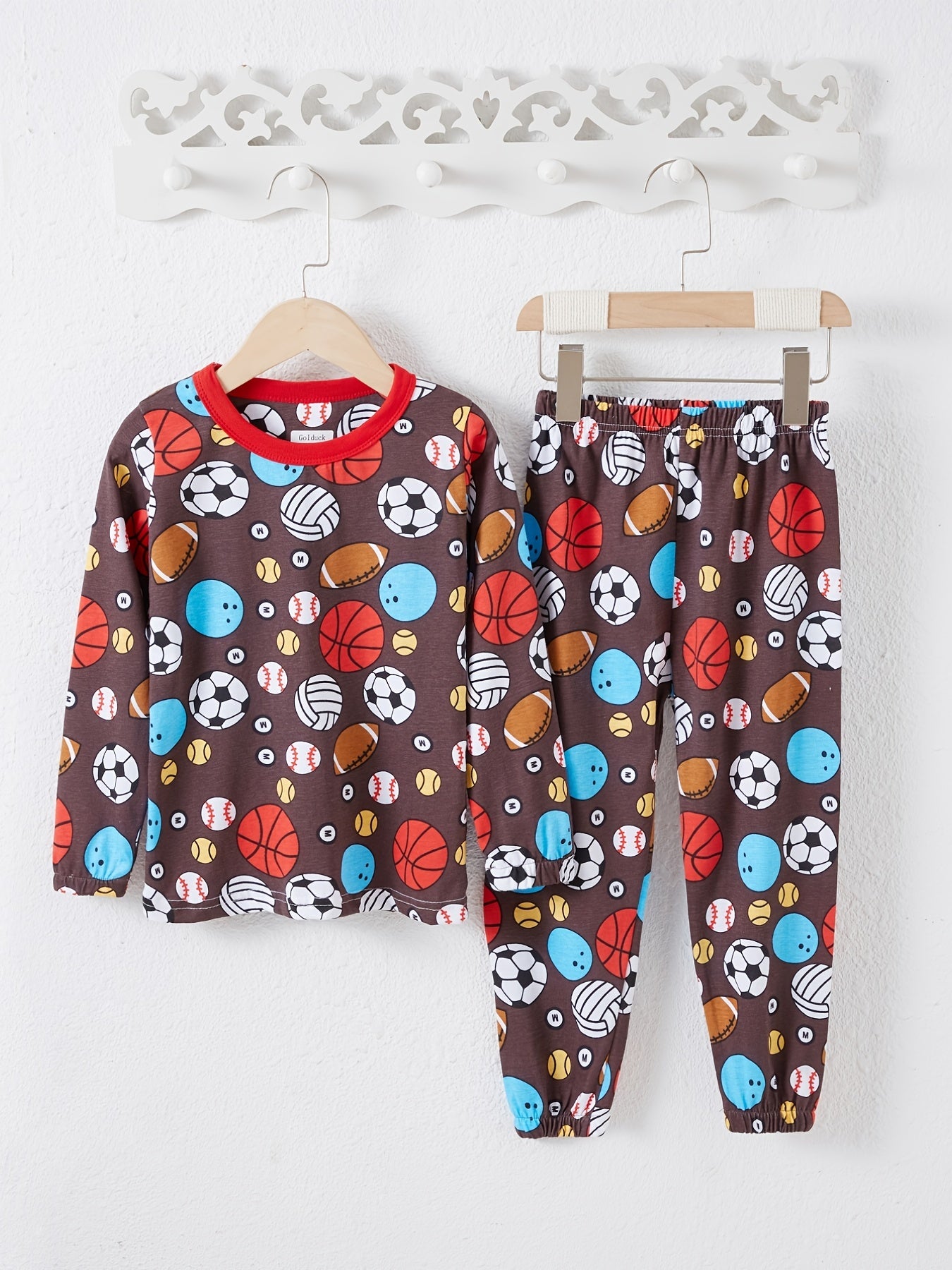 Baby Pajamas Football Basketball Print Set Crew Neck Long Sleeve Top & Pants