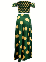 Polka Dot Sexy Off Shoulder Crop Tube Top & High Waist Split Thigh