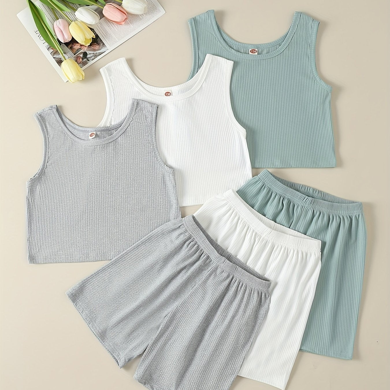 3 Sets Girls Ribbed Knit Tank Top & Shorts Summer Clothes