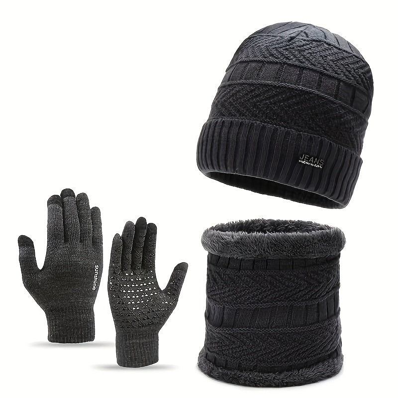 Winter Knitted Hat Scarf Gloves Set Outdoor Warm Coldproof Windproof