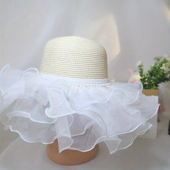 Pearl Decor Straw Sun Hat Ruffles Lace Mesh Beach Hat for Women