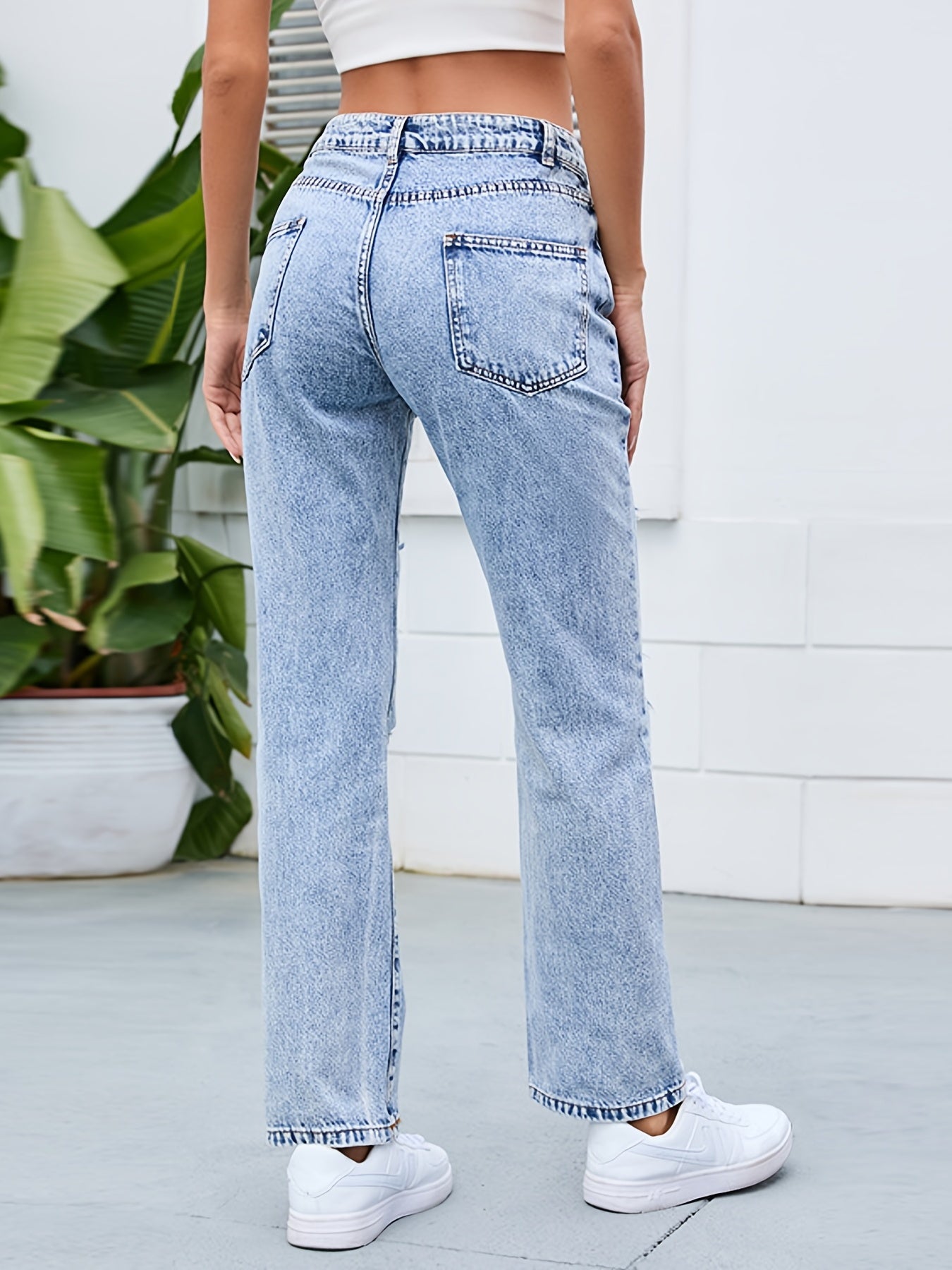 High Waist Distressed Wide Leg Denim Pants