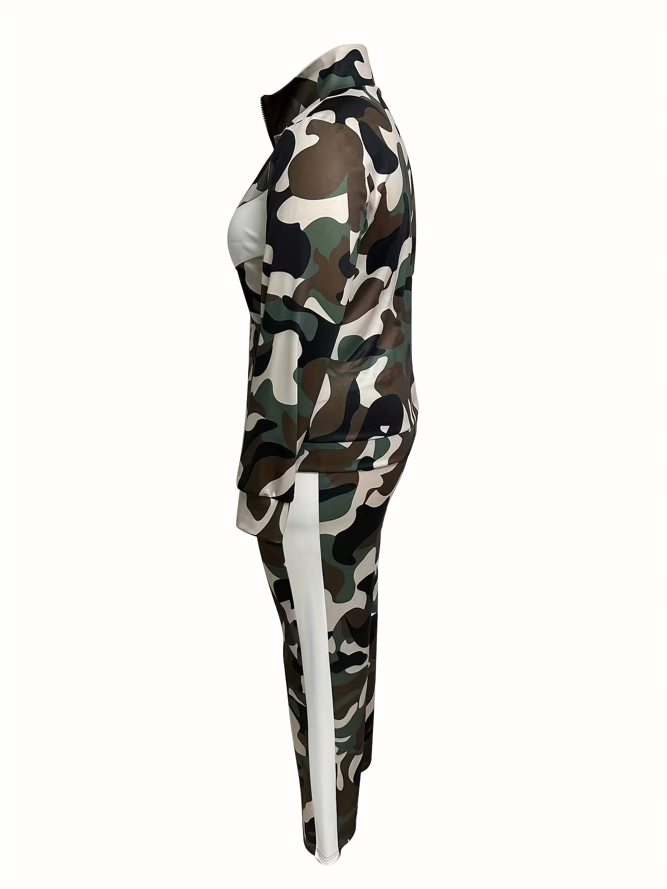 Women's Plus Colorblock Camo Zip Up Mock Neck Coat & Elastic Pants Set