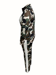 Women's Plus Colorblock Camo Zip Up Mock Neck Coat & Elastic Pants Set