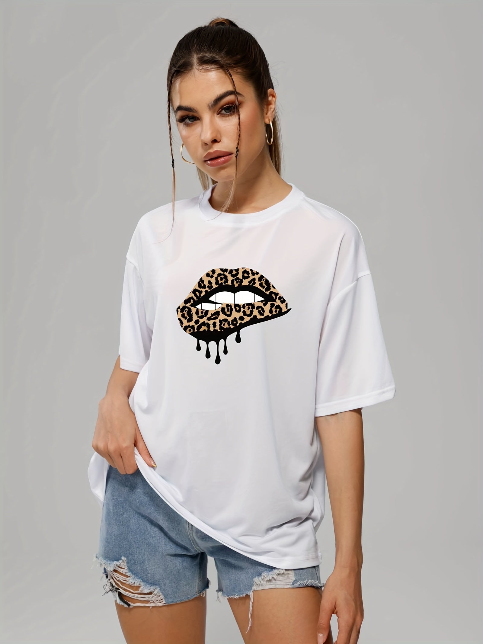 Leopard Lips Print Graphic Tee Short Sleeve Crew Neck T-shirt