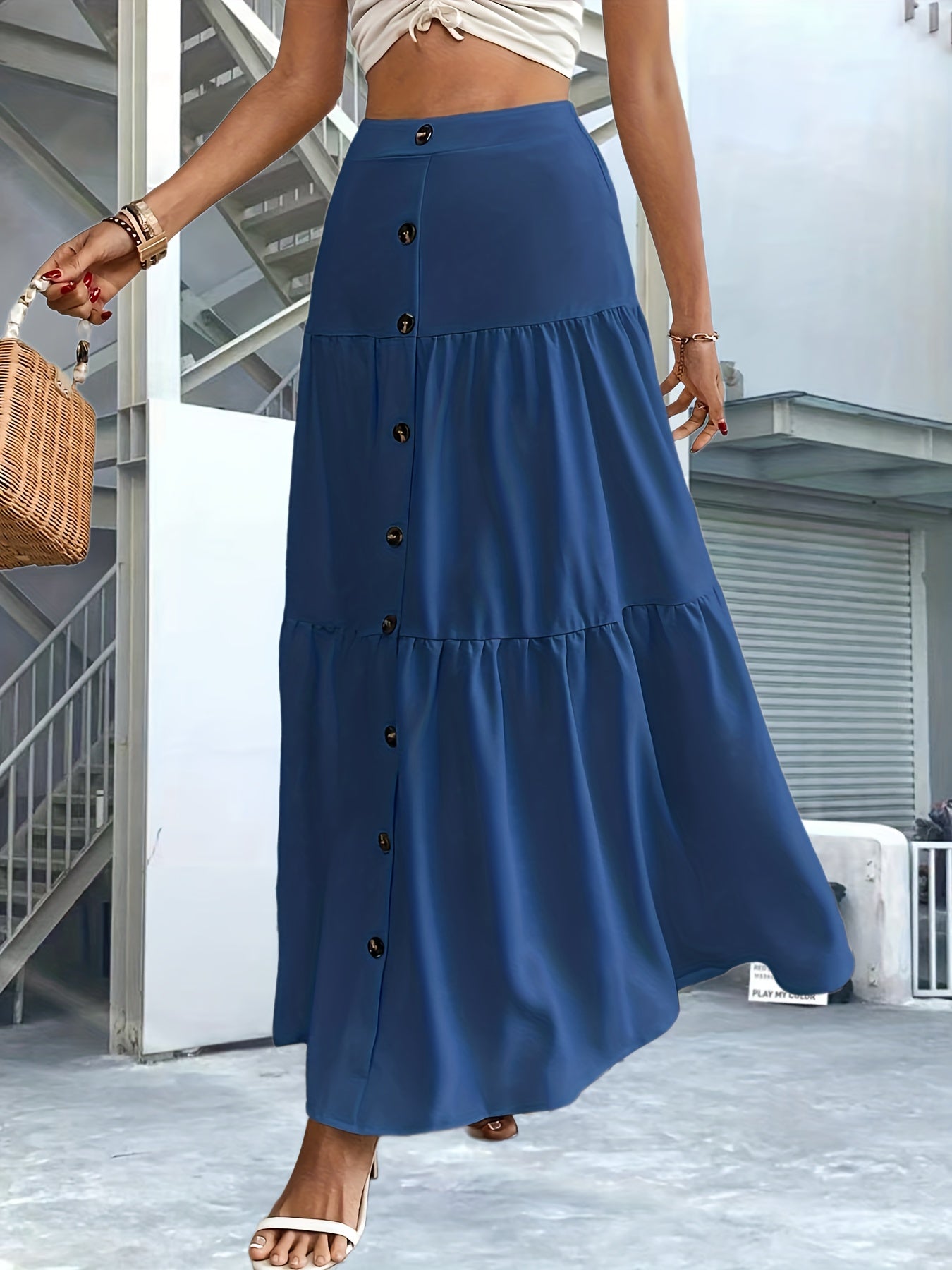 High Waist Tiered Skirts Button Front Maxi Skirts Women's Clothing