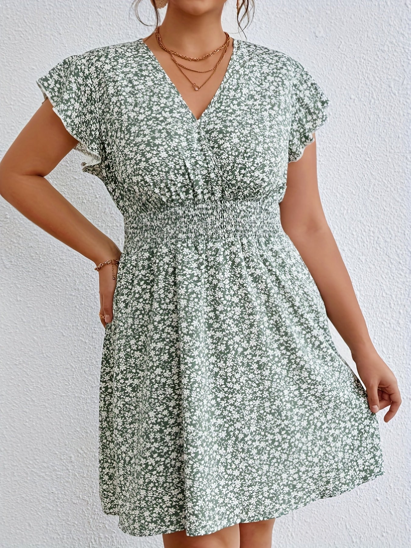 Women's Plus Ditsy Print Ruffle Sleeve Surplice Neck Dress