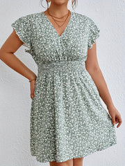 Women's Plus Ditsy Print Ruffle Sleeve Surplice Neck Dress