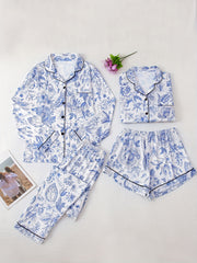 Floral Print Pajama Set Short Sleeve Top & Long Sleeve Buttons Top & Shorts