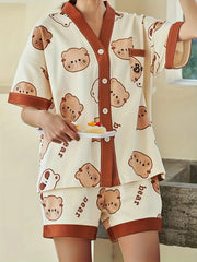 Bear Print Lounge Set Short Sleeve Top & Shorts Women's Loungewear
