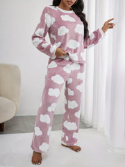 Cloud Print Fuzzy Pajama Set Long Sleeve Crew Neck Top & Pants