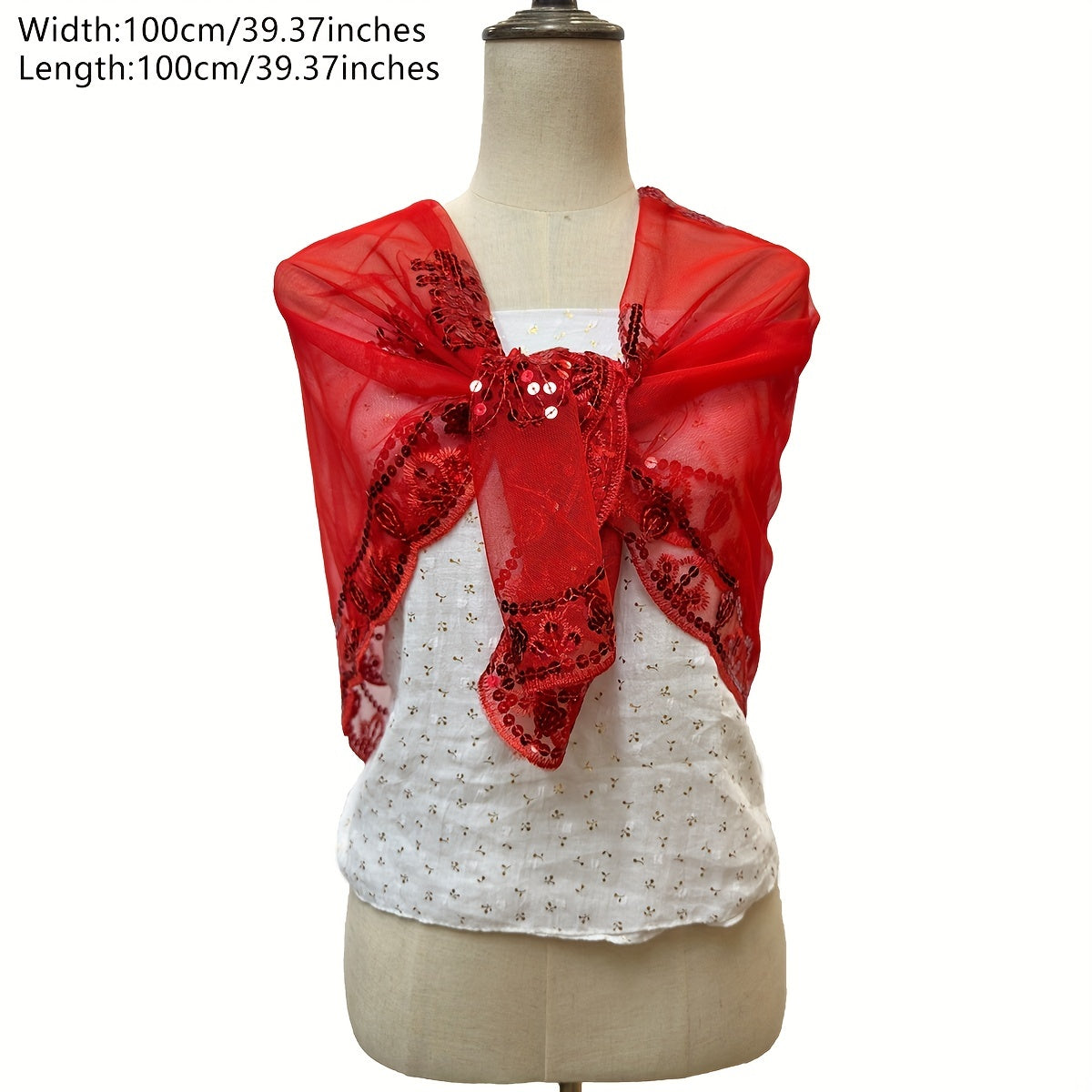 Red Sequin Embroidery Shawl Square Scarf Cape for Wedding Bridal