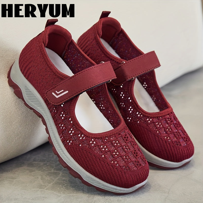Women's Breathable Knit Sneakers Comfortable Closed Toe Hook & Loop Strap Shoes