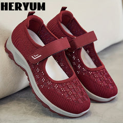 Women's Breathable Knit Sneakers Comfortable Closed Toe Hook & Loop Strap Shoes