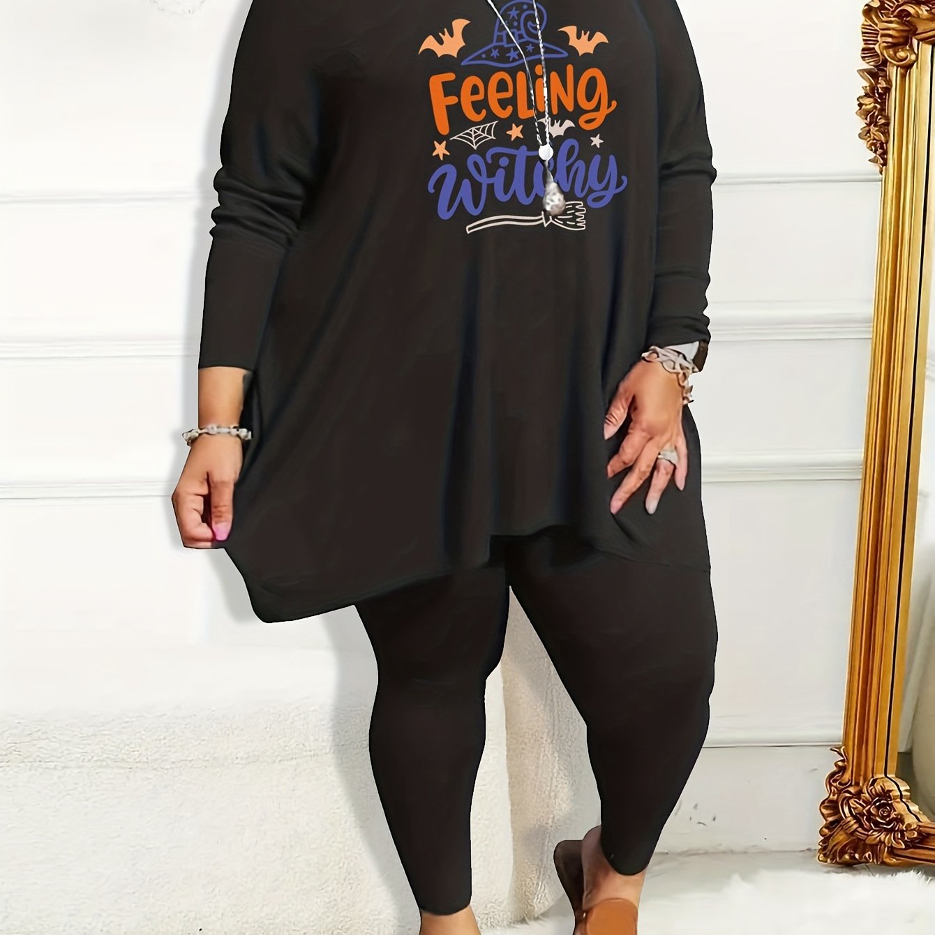 Halloween Witch Hat Pajama Set Women's Plus Tee & Leggings Loungewear