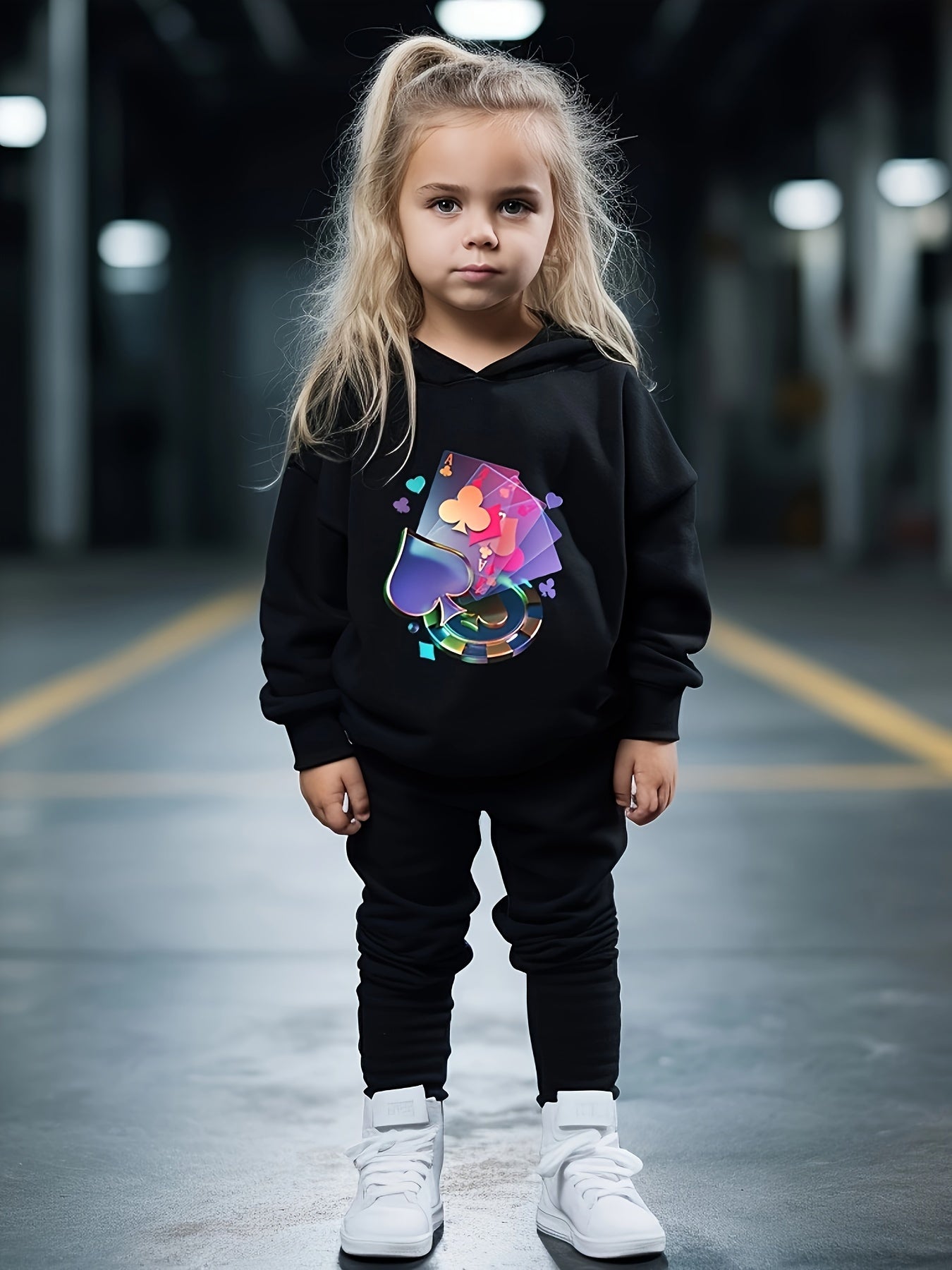 Girls 2pc Poker Pattern Hooded Sweatshirt & Sweatpants Set