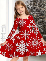 Snowy Reindeer Long Sleeve Dress Kids Spring Fall Christmas Gift