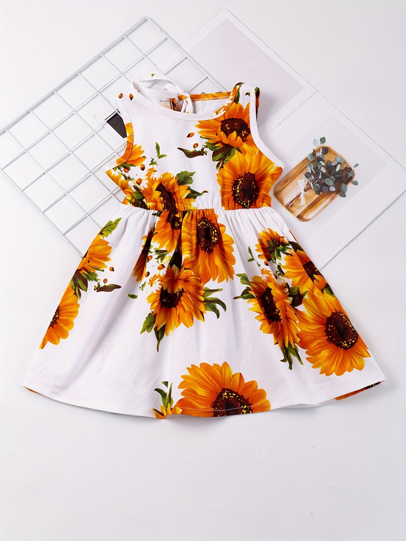 Girl's Sun Flower Sleeveless Strap Dress Comfy Summer Casual