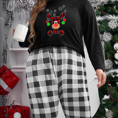Plus Size Elk & Snowflake Print Tee & Plaid Pants Pajamas Set
