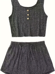 Ribbed Knit Tank Top & Shorts Set - Home Wear